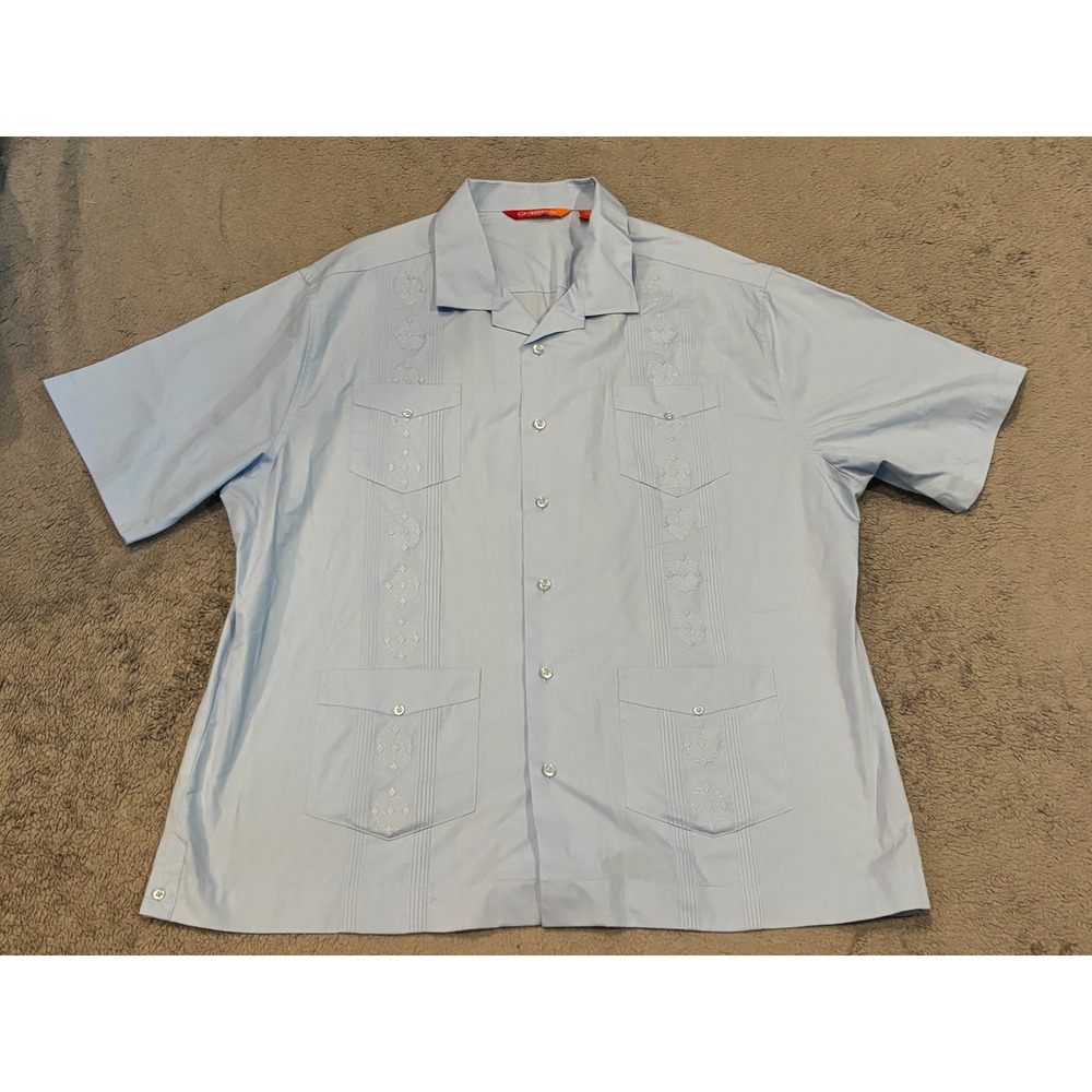 Chispa Mens Guayabera Shirt XXL Light Blue Short Sleeve Embroidered 4-Pocket